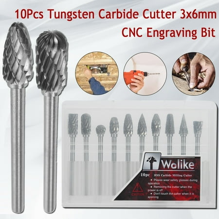 10PCS 3 x 6 mm Tungsten Carbide Burr Bit Rotary Cutter Files CNC Engraving Tool
